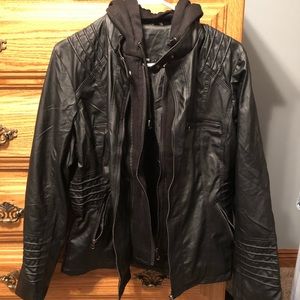 Black faux leather jacket with sweatshirt hood